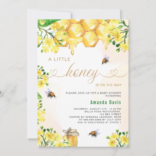 小さな蜂蜜の黄色のフローラミツバチの赤ちゃんシャワー 招待状 (正面)