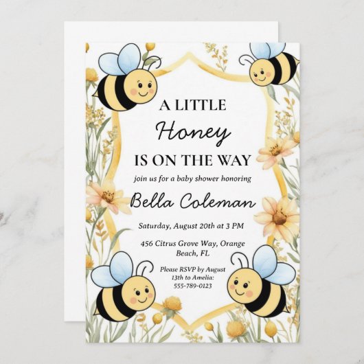 小さな蜂蜜は赤ん坊のシャワーの途中にある 招待状 (正面/裏面)