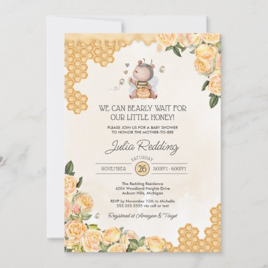 小さな蜂蜜テディベア母と蜂の赤ちゃんシャワー 招待状 (正面)
