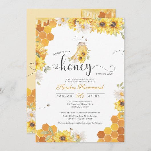 小さな蜂蜜、お母さんミツバチひまわり赤ちゃんシャワー  招待状 (正面/裏面)