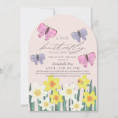 小さな蝶々がやってくる ピンクの水仙の女の子のベビーシャワー 招待状 (正面)