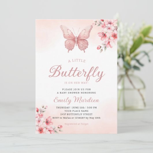 小さな蝶かわいいボホピンクの女の子の赤ちゃんシャワー 招待状 (スタンド正面)