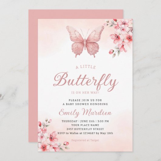 小さな蝶かわいいボホピンクの女の子の赤ちゃんシャワー 招待状 (正面/裏面)