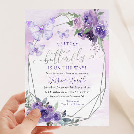 小さな蝶がやってくる パープルのベイビーシャワー 招待状