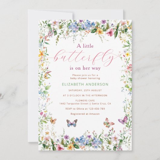 小さな蝶がピンクに近いカラフル 招待状 (正面)