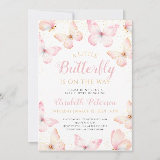 小さな蝶がピンクの赤ちゃんシャワーの途中にある 招待状 (正面)