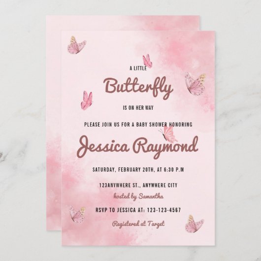 小さな蝶がピンクの赤ちゃんシャワーを彼女の道にある 招待状 (正面/裏面)