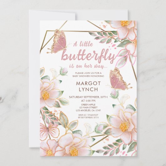 小さな蝶がピンクの赤ちゃんシャワーを彼女の道にある 招待状 (正面)
