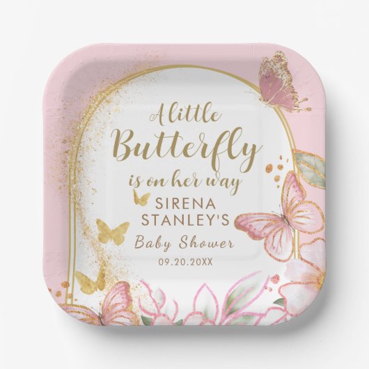 小さな蝶が彼女の方法の女の子の赤ちゃんシャワー ペーパープレート (正面)