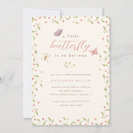 小さな蝶が彼女の方法の女の子の赤ちゃんシャワー 招待状 (正面)