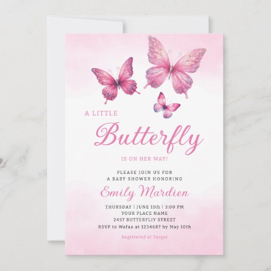 小さな蝶が彼女の方法の女の子の赤ちゃんシャワー 招待状 (正面)