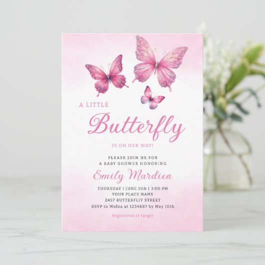 小さな蝶が彼女の方法の女の子の赤ちゃんシャワー 招待状 (スタンド正面)