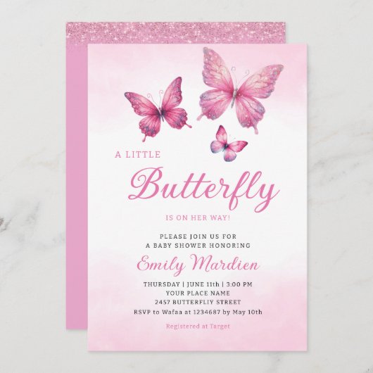 小さな蝶が彼女の方法の女の子の赤ちゃんシャワー 招待状 (正面/裏面)