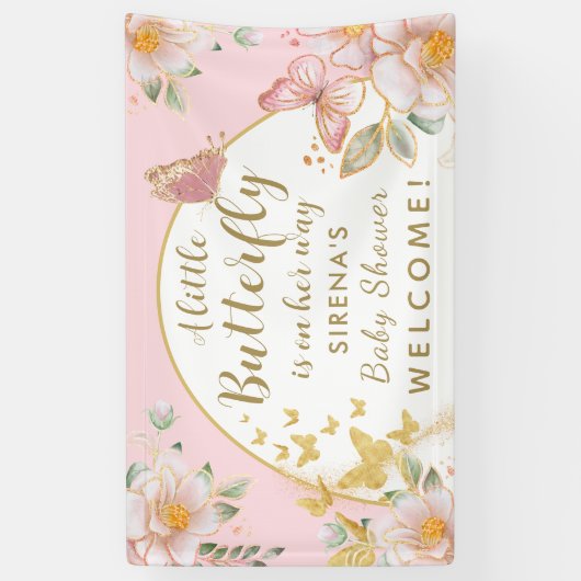小さな蝶が彼女の方法の女の子の赤ちゃんシャワー 横断幕 (縦)