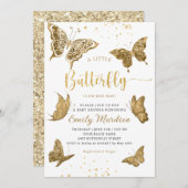 小さな蝶が彼女の方法の女の子の赤面金ゴールド 招待状 (正面/裏面)