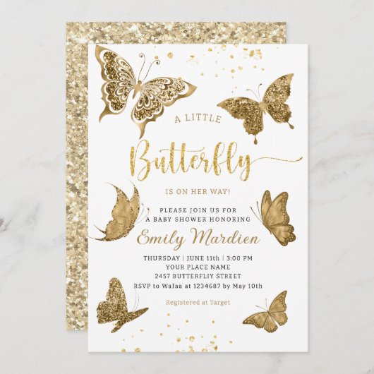 小さな蝶が彼女の方法の女の子の赤面金ゴールド 招待状 (正面/裏面)