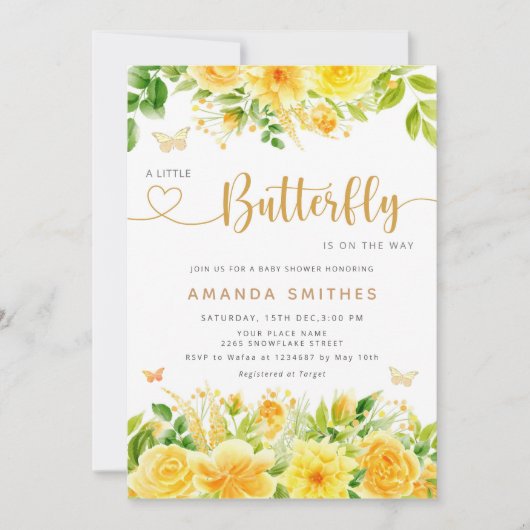 小さな蝶が彼女の道にある赤ちゃんシャワー金ゴールド 招待状 (正面)