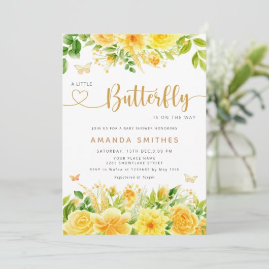 小さな蝶が彼女の道にある赤ちゃんシャワー金ゴールド 招待状 (スタンド正面)