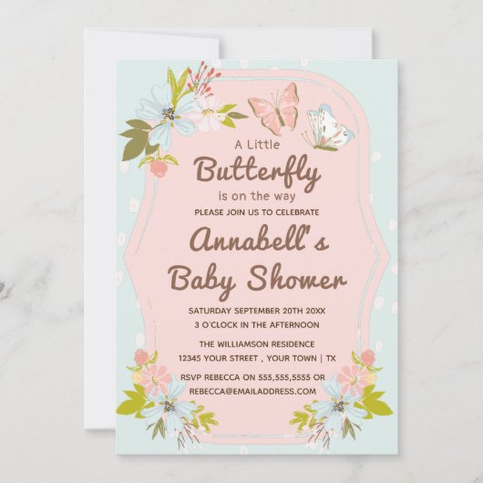 小さな蝶が赤ちゃんのシャワーを途中にある 招待状 (正面)