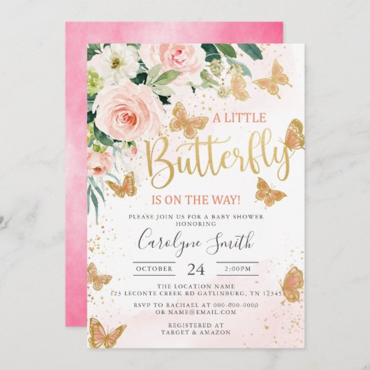 小さな蝶が赤ちゃんシャワーの途中にある 招待状 (正面/裏面)