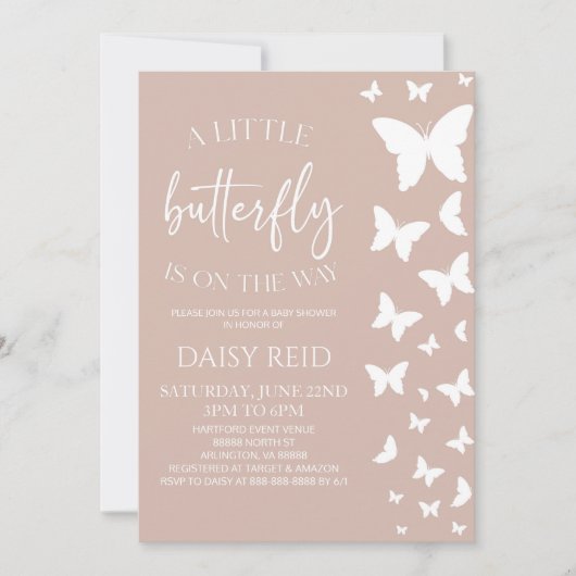 小さな蝶が赤ちゃんシャワーの途中にある 招待状 (正面)