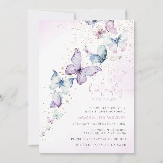 小さな蝶が赤ちゃんシャワーの途中にある 招待状 (正面)