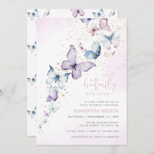 小さな蝶が赤ちゃんシャワーの途中にある 招待状 (正面/裏面)