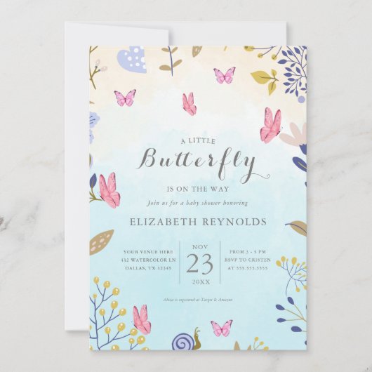 小さな蝶が途中にあるフローラの赤ちゃんシャワー 招待状 (正面)