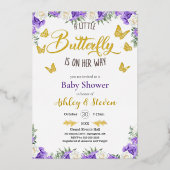小さな蝶が途中ベビーシャワー金ゴールド 箔招待状 (正面)