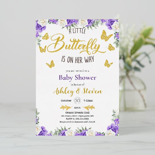 小さな蝶が途中ベビーシャワー金ゴールド 箔招待状 (立ち正面)