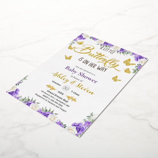 小さな蝶が途中ベビーシャワー金ゴールド 箔招待状 (回転した状態)