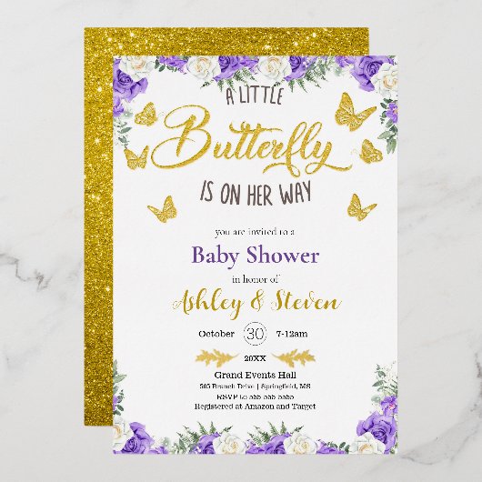 小さな蝶が途中ベビーシャワー金ゴールド 箔招待状 (正面/裏面)