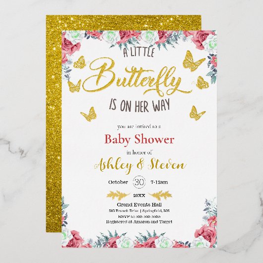 小さな蝶が途中ベビーシャワー金ゴールド 箔招待状 (正面/裏面)