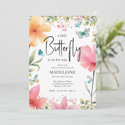 小さな蝶のグリッターフローラ赤ちゃんシャワー 招待状 (スタンド正面)