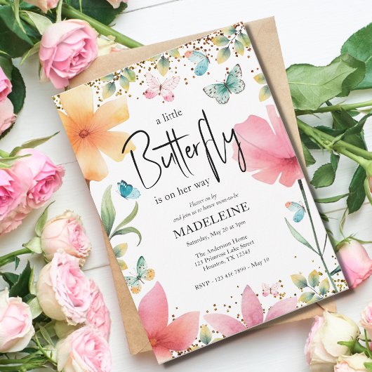 小さな蝶のグリッターフローラ赤ちゃんシャワー 招待状