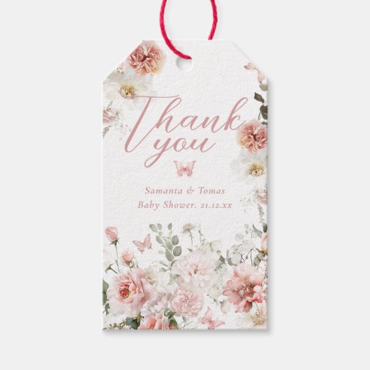 小さな蝶のピンクの花のベビーシャワー ギフトタグ (正面)