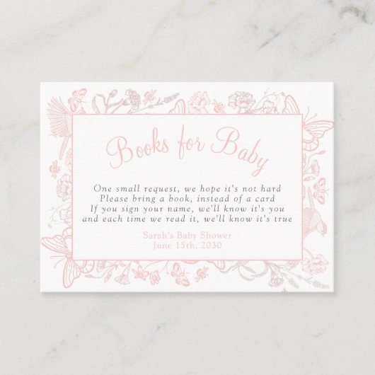 小さな蝶のピンクの赤ちゃんシャワーベビーのための本 エンクロージャーカード (正面)