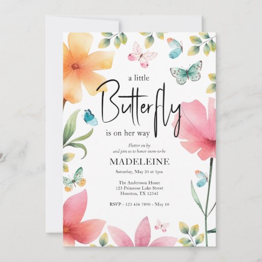小さな蝶のフローラお洒落の赤ちゃんシャワー 招待状 (正面)