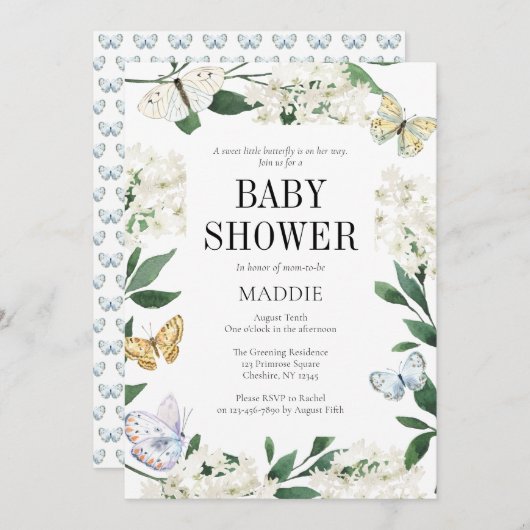小さな蝶のフローラ水色の赤ちゃんシャワー 招待状 (正面/裏面)