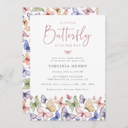 小さな蝶のベイビーシャワー 招待状 (正面/裏面)
