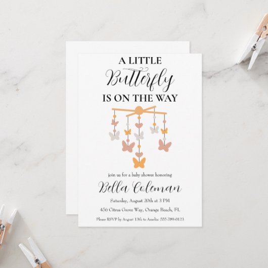 小さな蝶のベビーシャワー招待状 招待状 (正面/裏面インサイチュ)