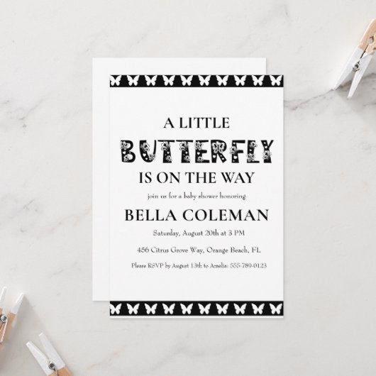 小さな蝶のベビーシャワー招待状 招待状 (正面/裏面インサイチュ)