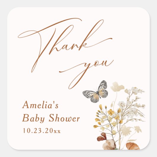 小さな蝶のヤマエレガントフラワーベイビーシャワー スクエアシール (正面)