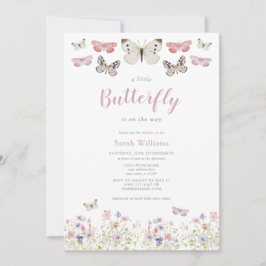 小さな蝶のワイルドフラワーガーデン赤ちゃんシャワー 招待状 (正面)