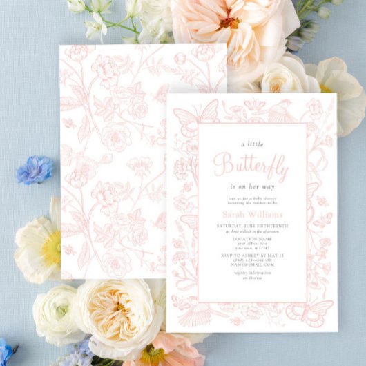 小さな蝶のヴィンテージピンクの女の子の赤ちゃんシャワー 招待状