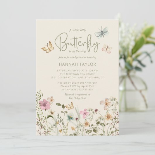 小さな蝶の女の子の赤ちゃんシャワー 招待状 (スタンド正面)