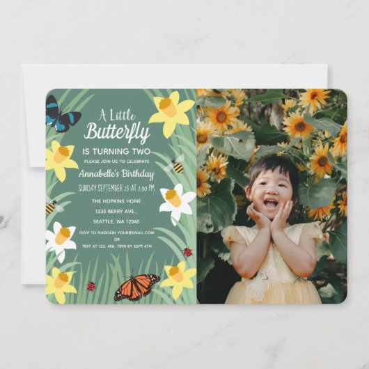 小さな蝶の春誕生日写真 招待状 (正面)