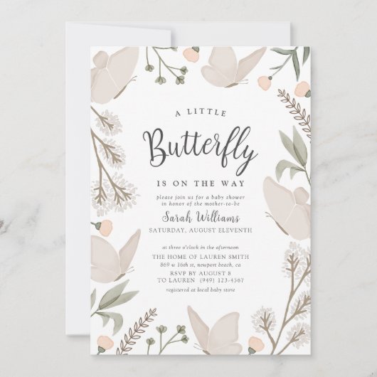 小さな蝶の植物性の赤お洒落ちゃんシャワー 招待状 (正面)