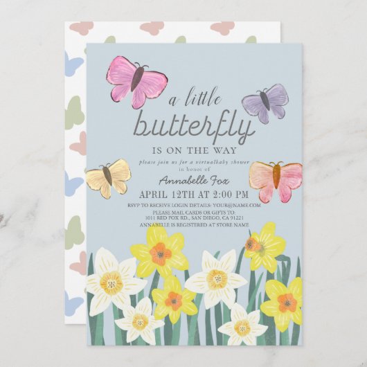 小さな蝶の水仙の仮想の赤ちゃんシャワー 招待状 (正面/裏面)