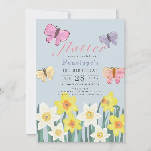 小さな蝶の水仙の女の子の最初の誕生日 招待状 (正面)
